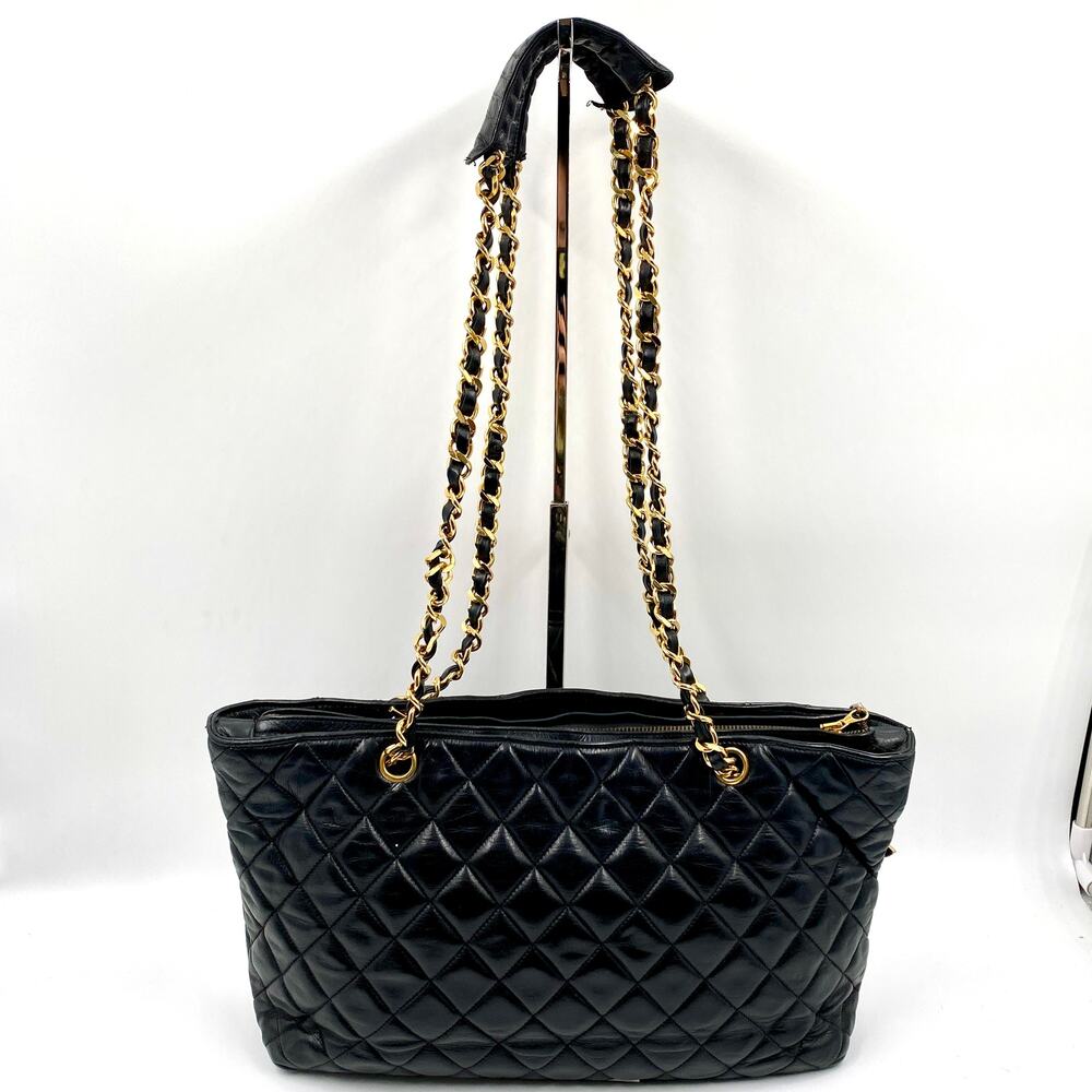 Chanel Vintage Quilted Tote Bag Black Leather Shoulder Shopper chain 24kt - Picture 3 of 15